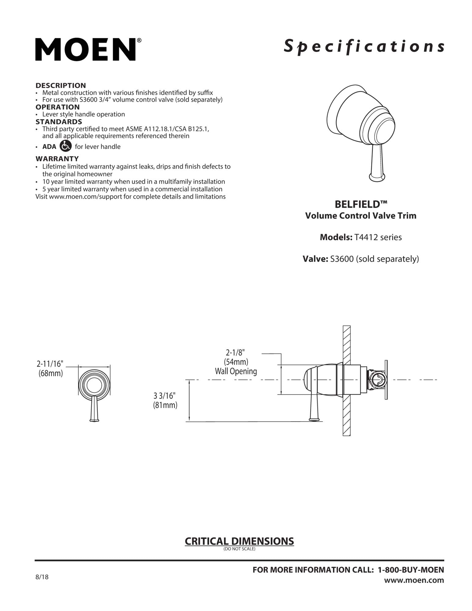 Moen Belfield chrome volume control valve trim kit with single lever handle and mounting dimensions.