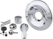 Chrome tub and shower renovation kit components including escutcheon, handle, spout, valve trim, mounting hardware, and insta