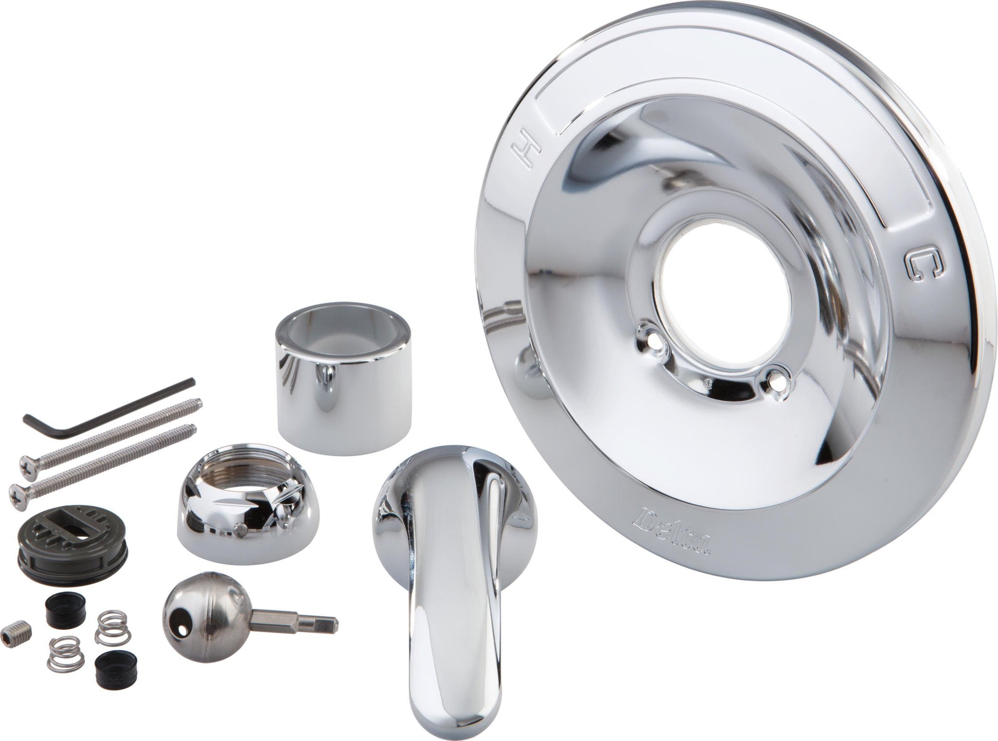 Chrome tub and shower renovation kit components including escutcheon, handle, spout, valve trim, mounting hardware, and insta