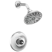 Chrome showerhead with curved arm and white round valve trim plate with temperature indicators.