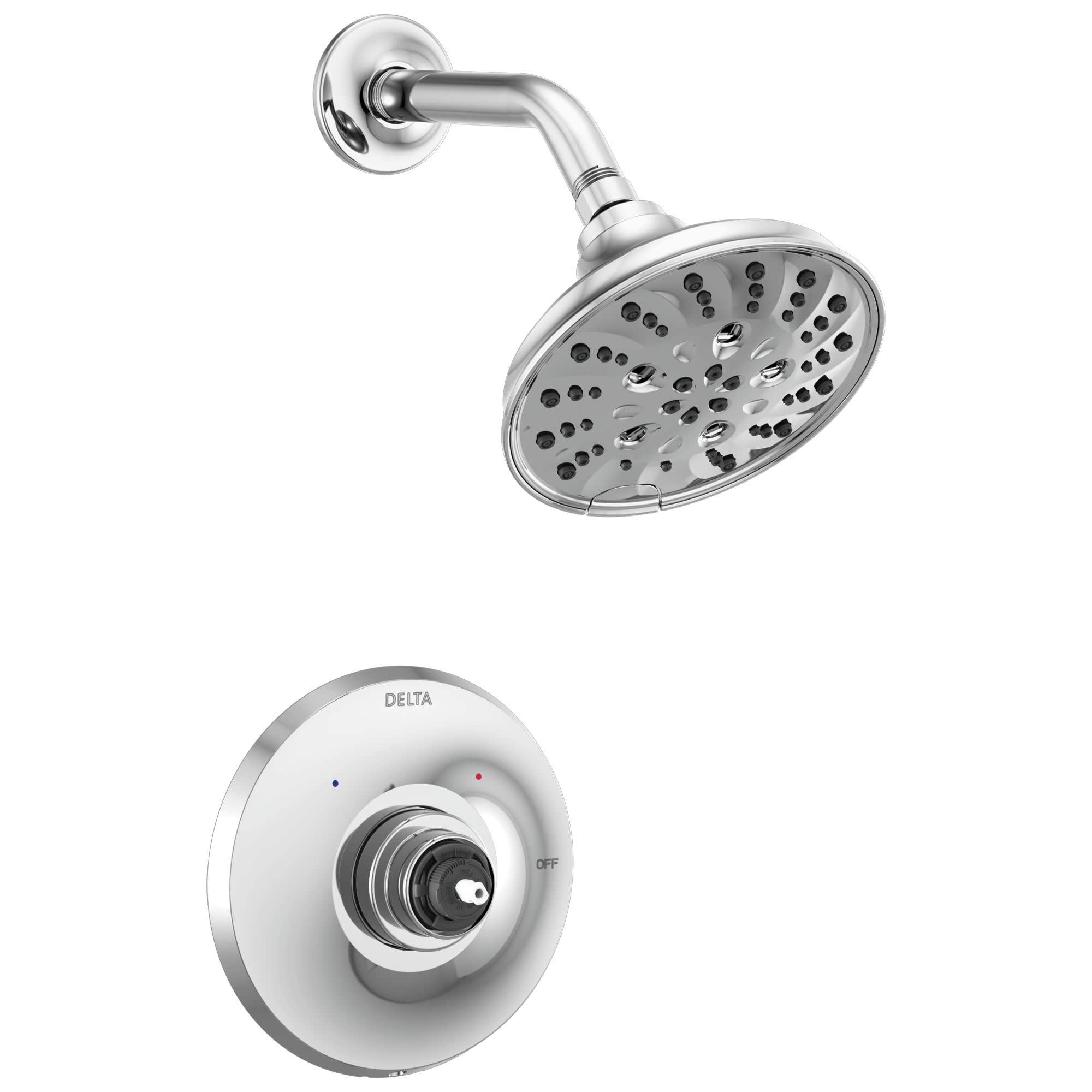 Chrome showerhead with curved arm and white round valve trim plate with temperature indicators.