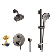 Grohe pressure balance shower set in hard graphite with overhead showerhead, hand shower, valve trim, and brass diverter valv