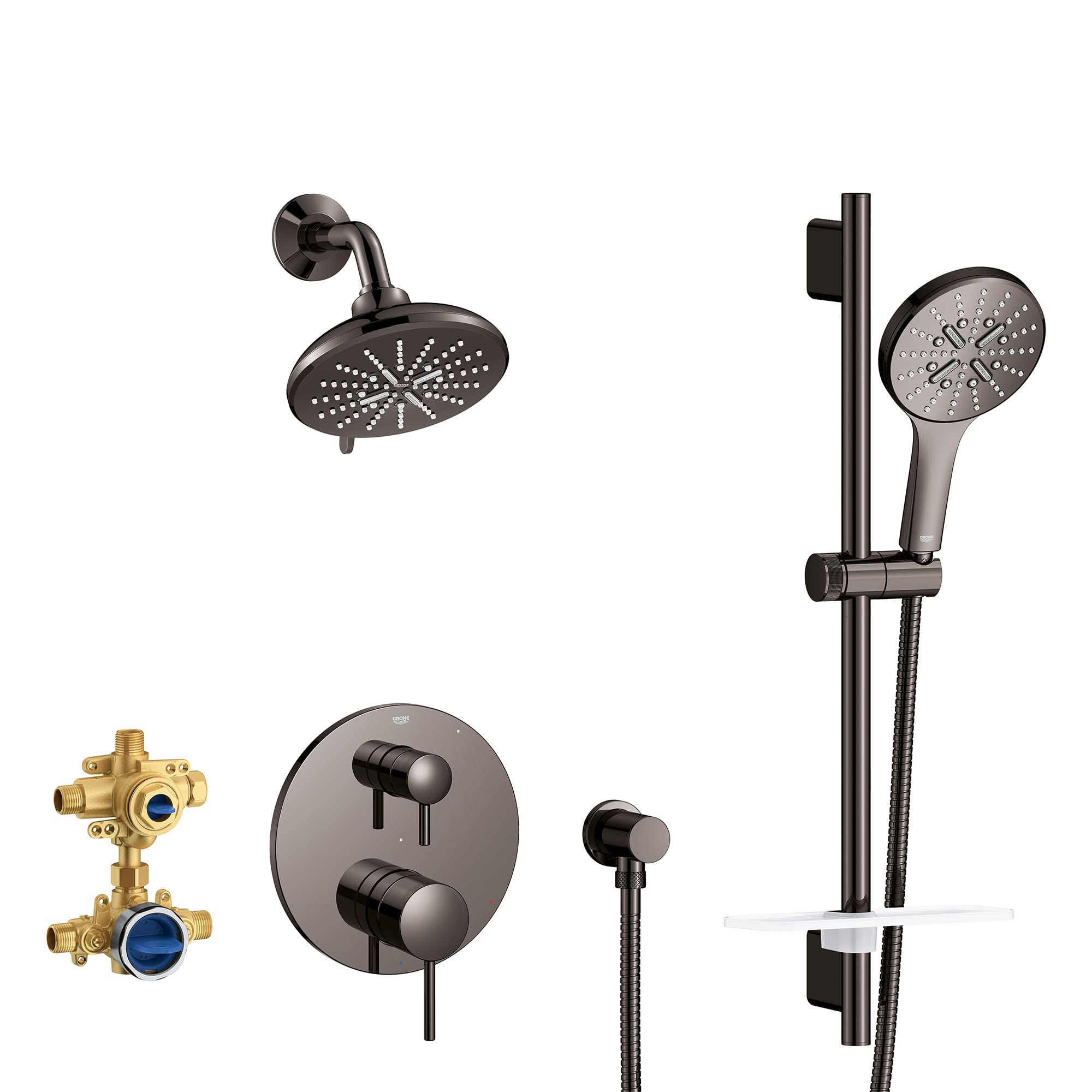 Grohe pressure balance shower set in hard graphite with overhead showerhead, hand shower, valve trim, and brass diverter valv
