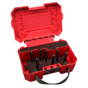 Red plastic case with multiple black hole saw bits organized in foam inserts and carrying handle.
