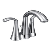 Chrome bathroom faucet with two curved handles and arching spout.