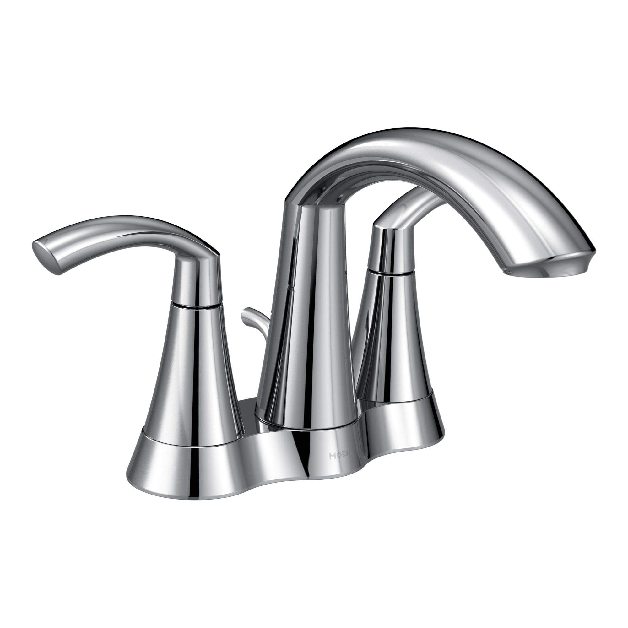 Chrome bathroom faucet with two curved handles and arching spout.