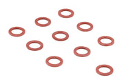 Ten red rubber washers or seals arranged on white background.
