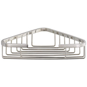 Chrome corner caddy with triangular shape and multiple horizontal wire shelves for bathroom storage.