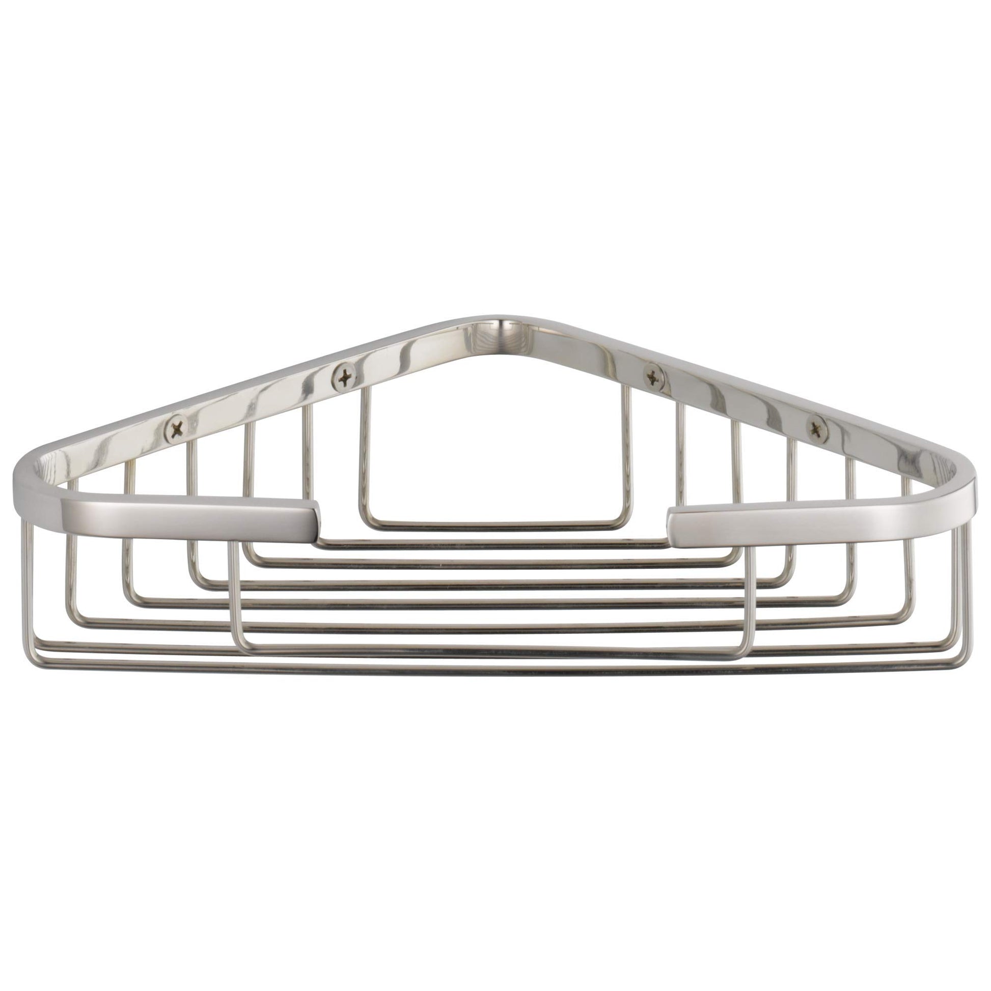 Chrome corner caddy with triangular shape and multiple horizontal wire shelves for bathroom storage.