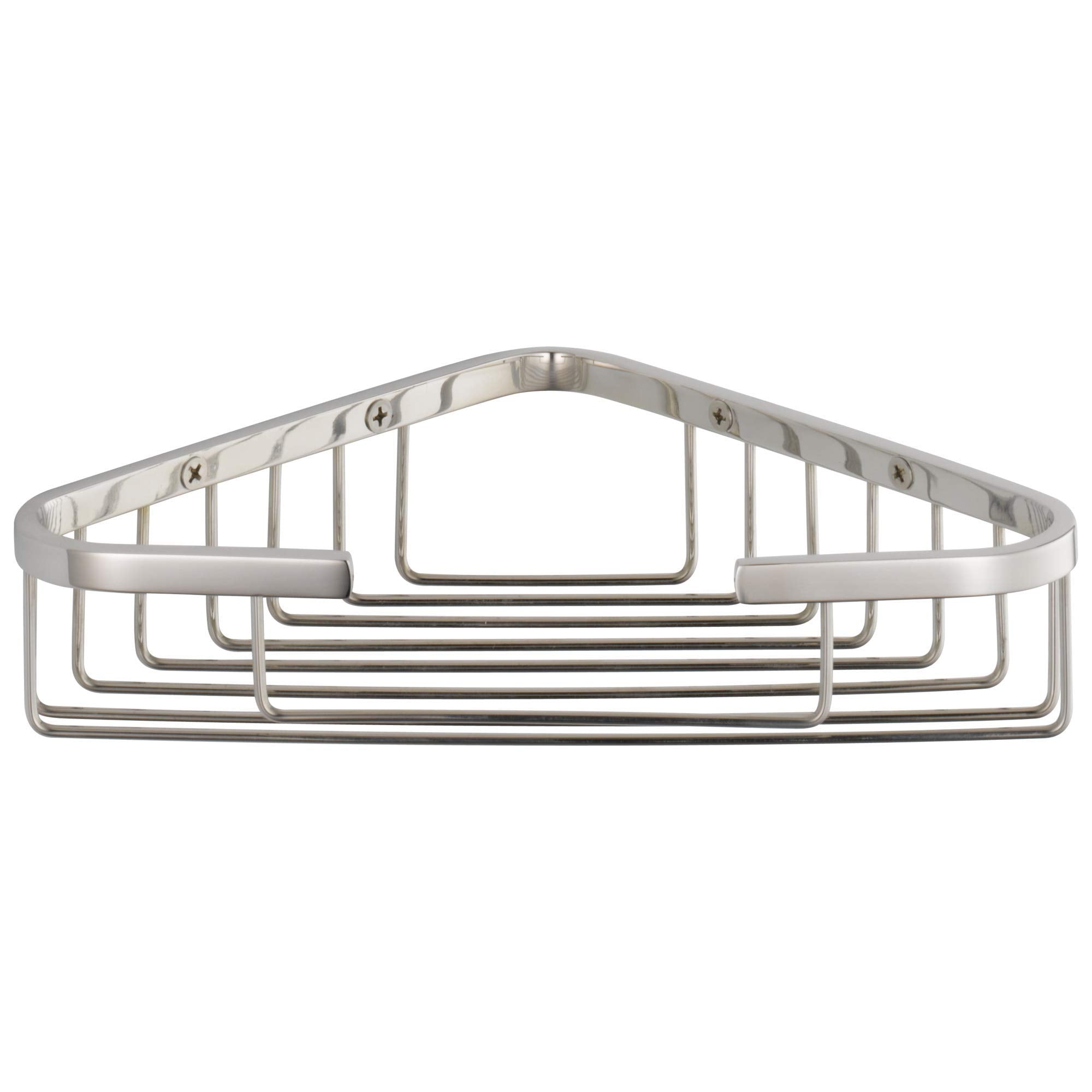 Chrome corner caddy with triangular shape and multiple horizontal wire shelves for bathroom storage.