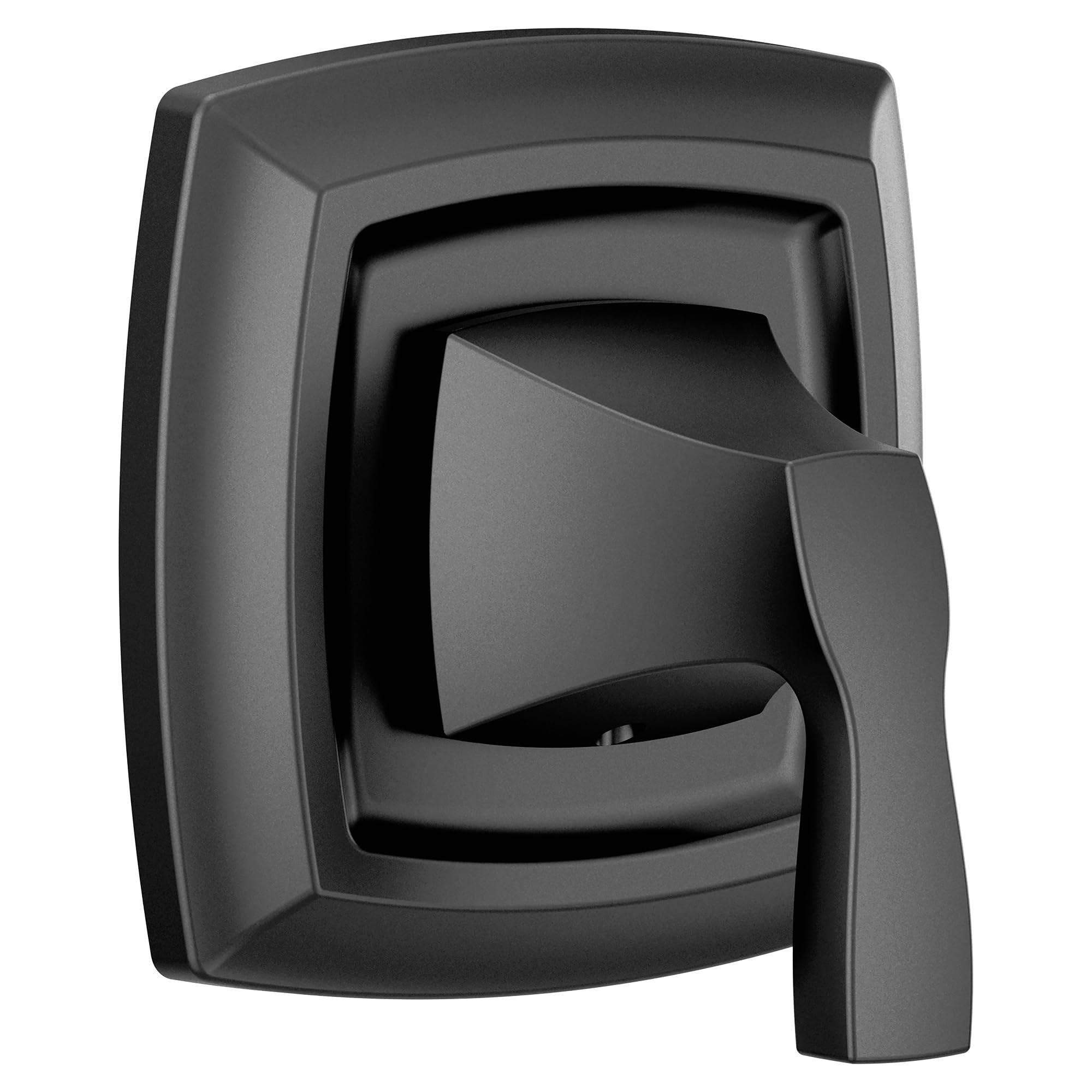 Matte black two-handle shower valve trim with square surround plate and curved lever handle.
