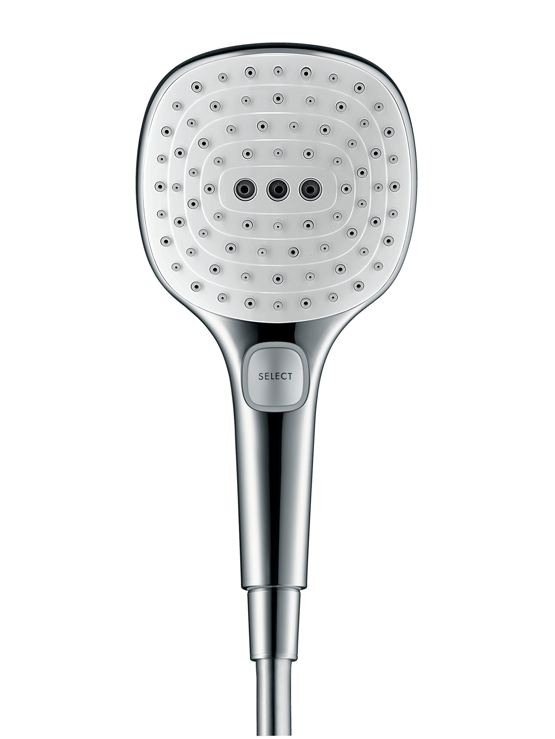 White and chrome hand shower with square face, three center jets, and "SELECT" button on handle.