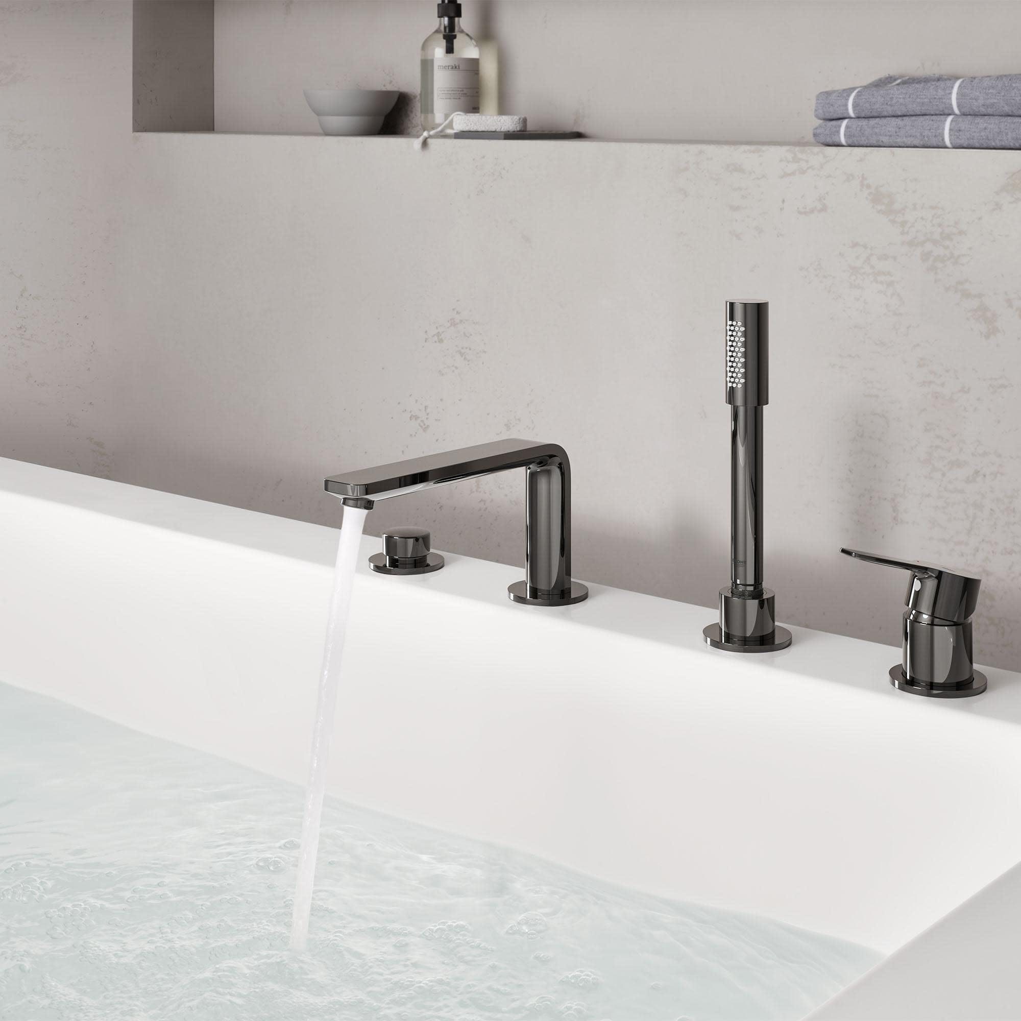 Grohe Lineare 19577EN1 4-Hole Single-Handle Deck Mount Roman Tub Faucet with 1.75 GPM Hand Shower in Grohe Brushed Nickel