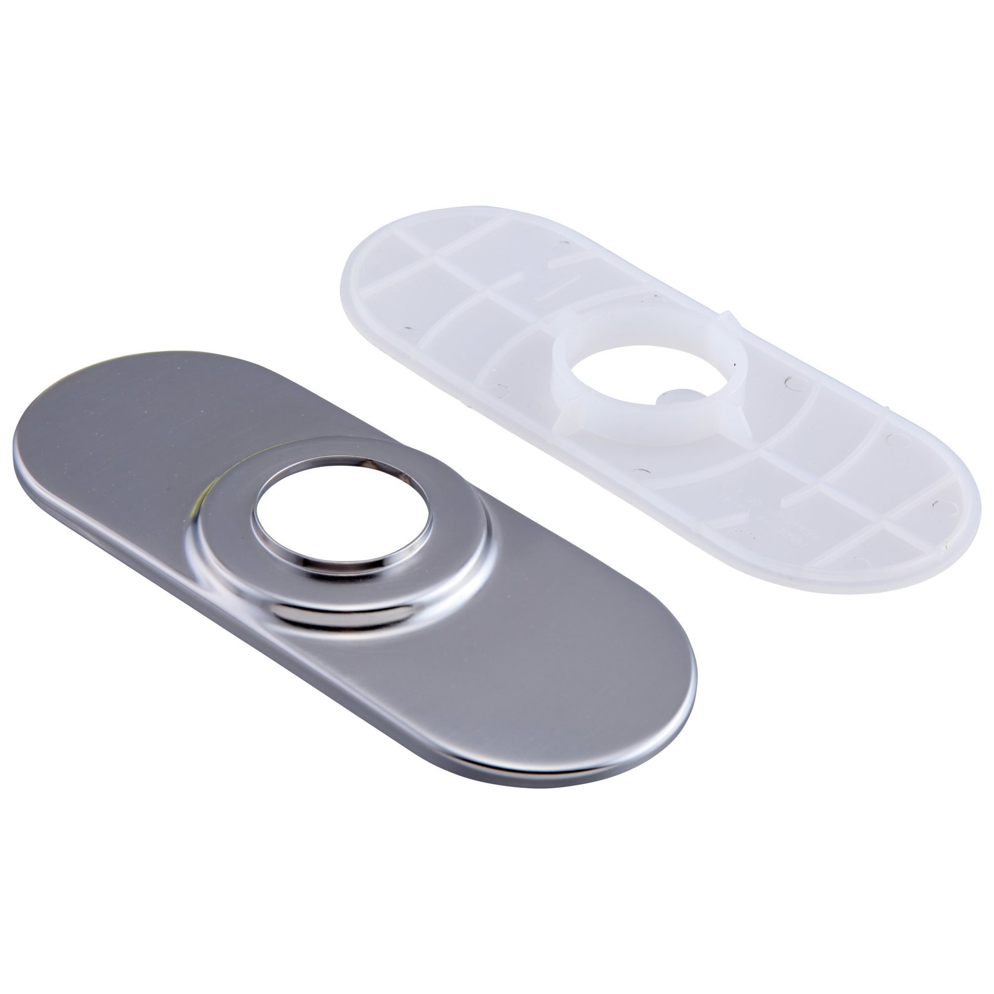 Arctic stainless steel escutcheon with chrome ring and white rubber gasket for bar faucet installation.