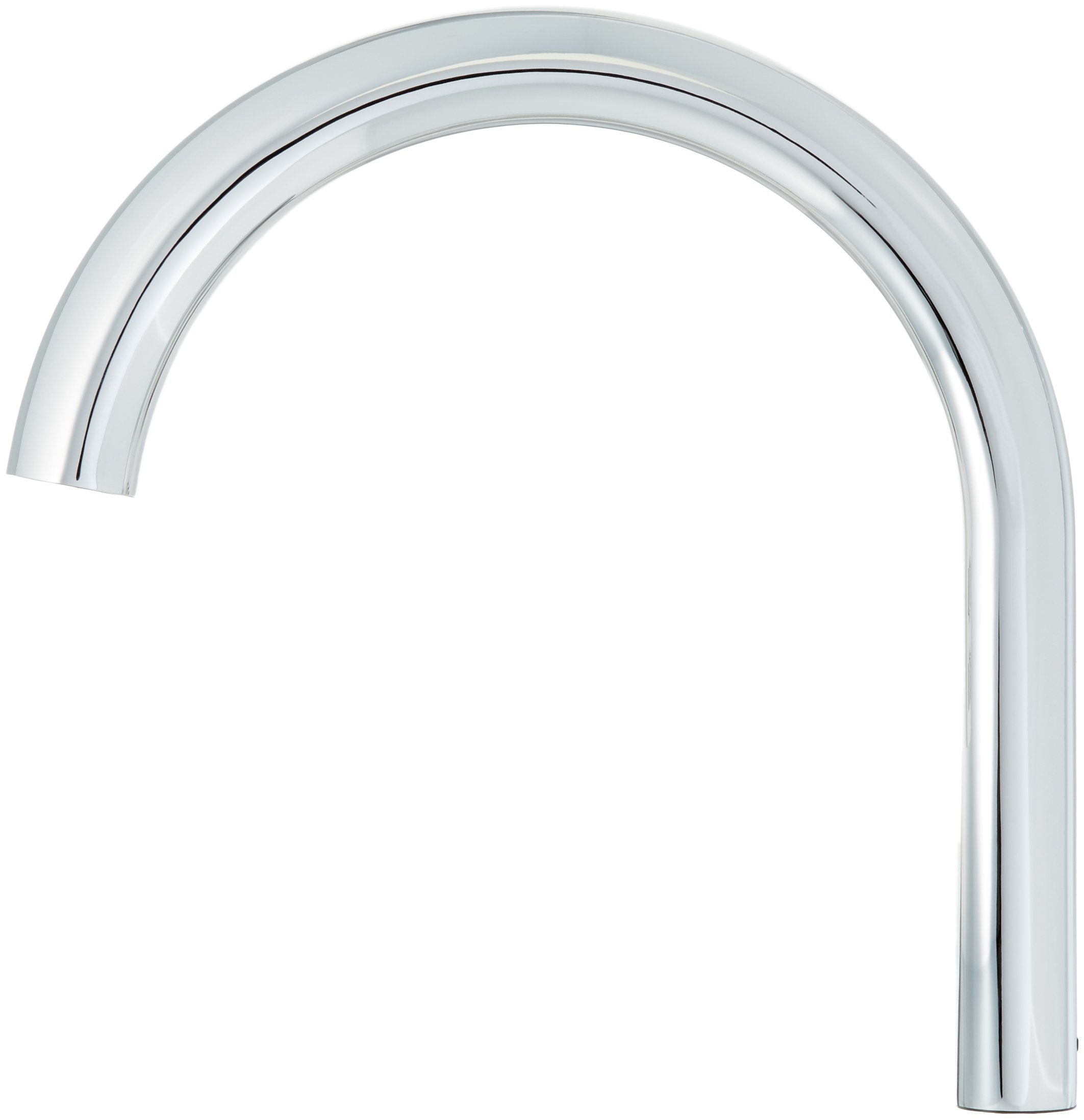 Chrome kitchen faucet spout with curved gooseneck design and polished finish.