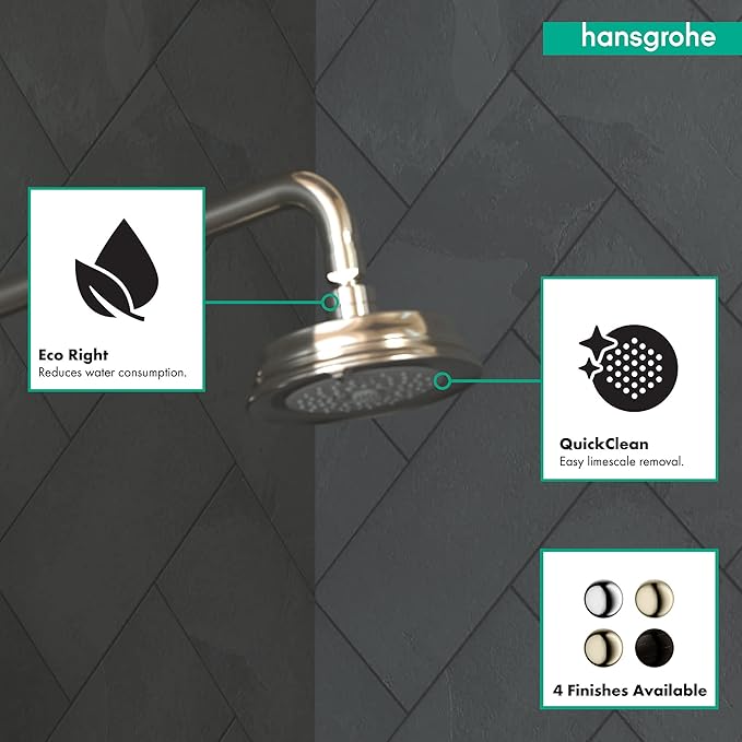 Polished nickel round shower head with curved arm mounted on tiled wall, with feature callouts for water-saving and easy clea