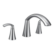 Chrome Roman tub faucet with high arc spout and two handle side controls.