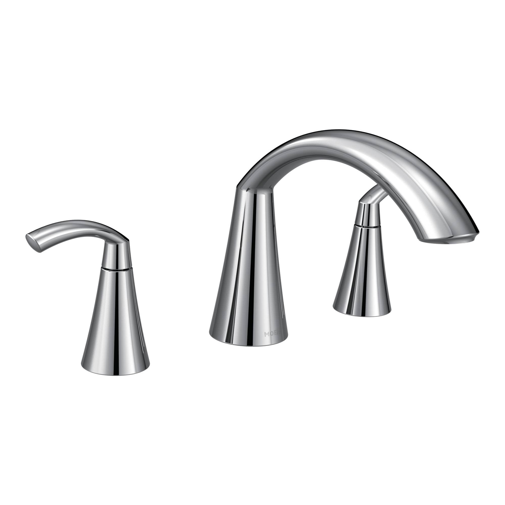 Chrome Roman tub faucet with high arc spout and two handle side controls.