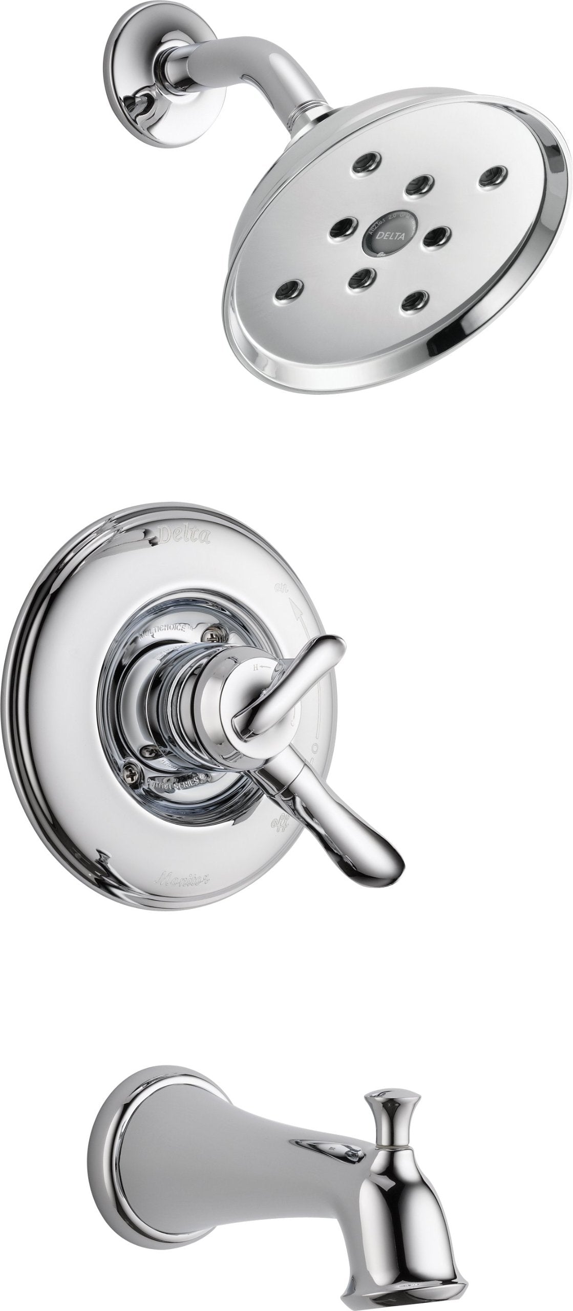 Chrome showerhead with multiple spray jets, valve trim with lever handle, and tub spout.