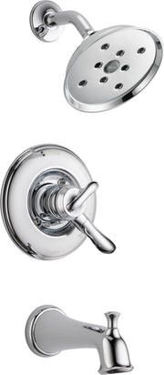 Chrome showerhead with multiple spray jets, valve trim with lever handle, and tub spout.