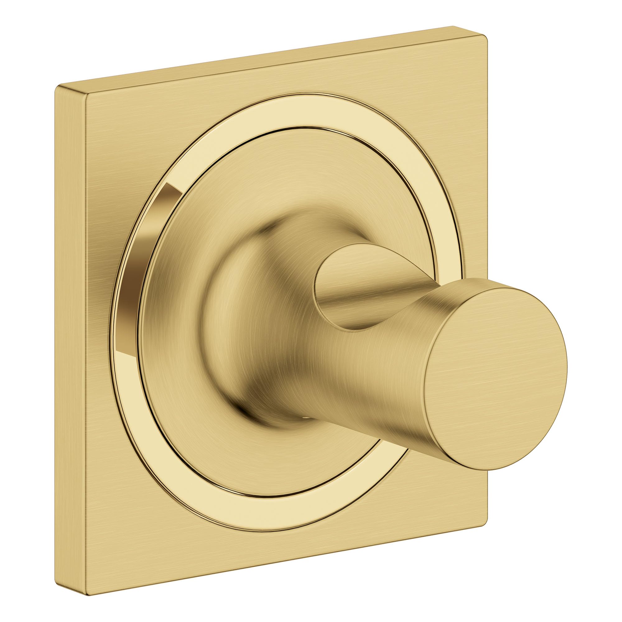 Brushed gold towel hook with cylindrical knob mounted on square backplate with concentric circular design.