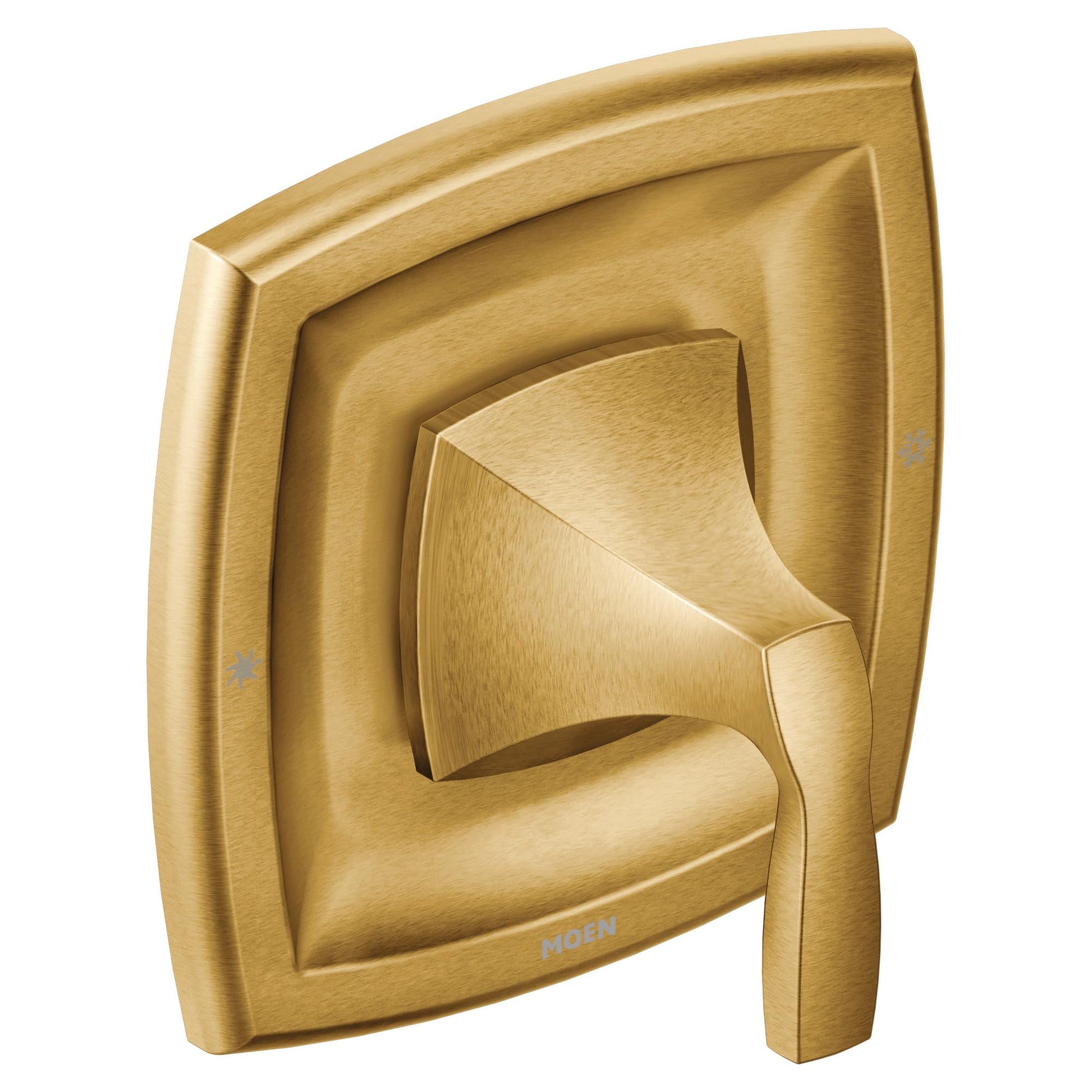 Gold-finish single-handle shower valve trim with angular Voss design and volume control lever.