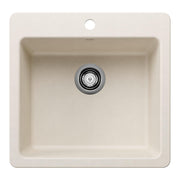 Soft white single-bowl kitchen sink with rounded corners, chrome drain strainer, and mounting hole visible at top.