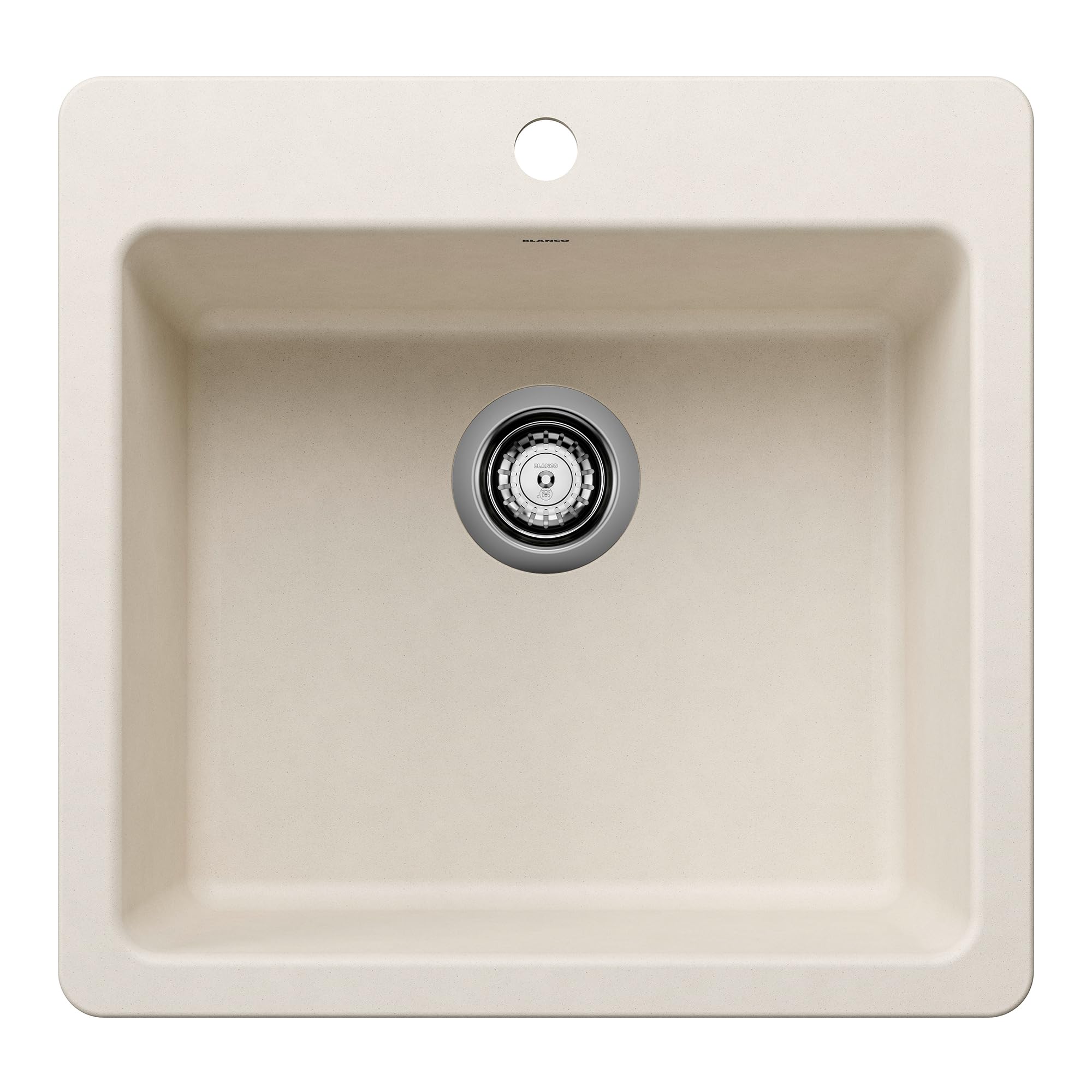Soft white single-bowl kitchen sink with rounded corners, chrome drain strainer, and mounting hole visible at top.
