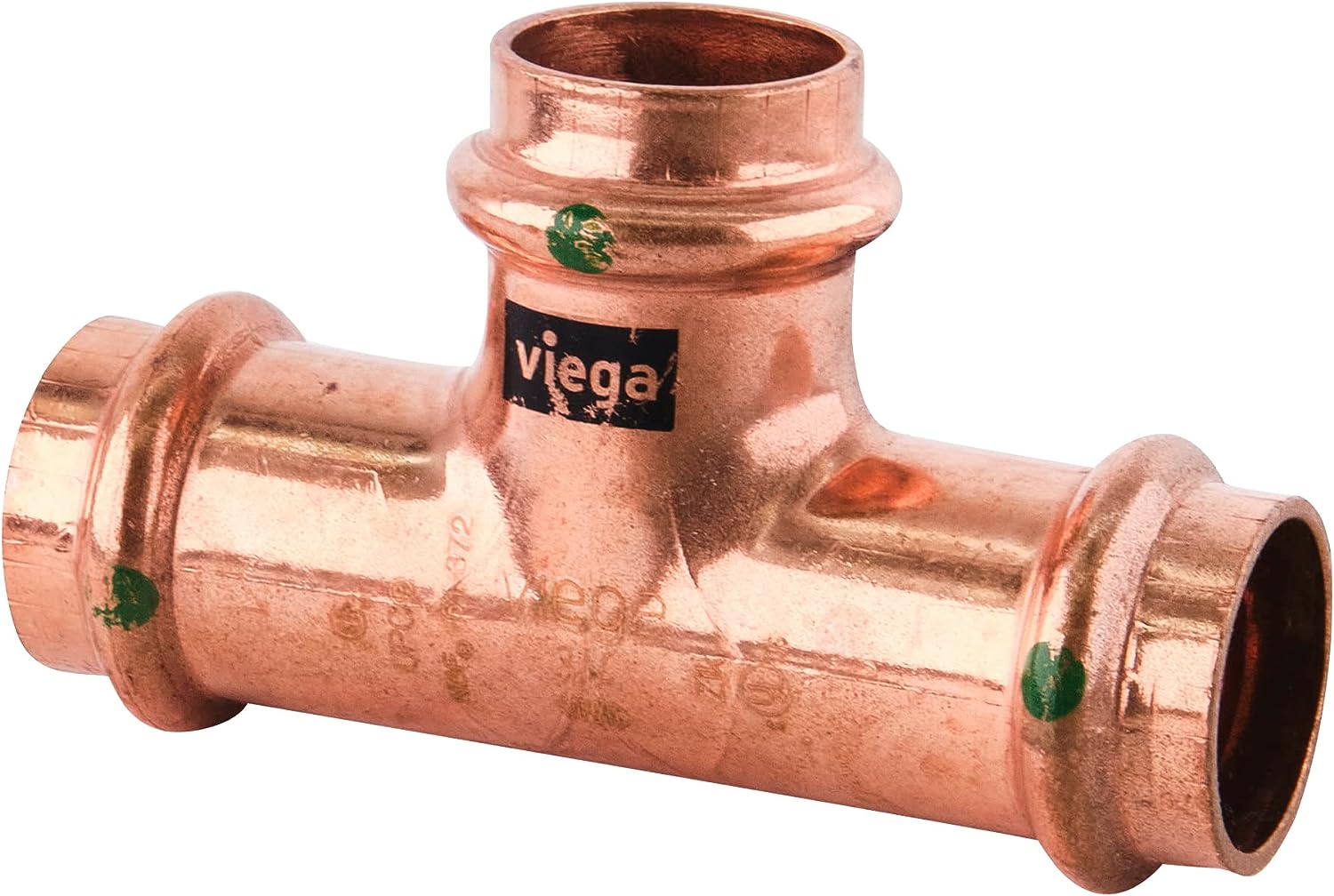 Copper tee fitting with three 3/4-inch ports and green indicator dots on sides.