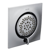 Chrome square body spray with circular shower head and control lever mounted on flat wall plate.