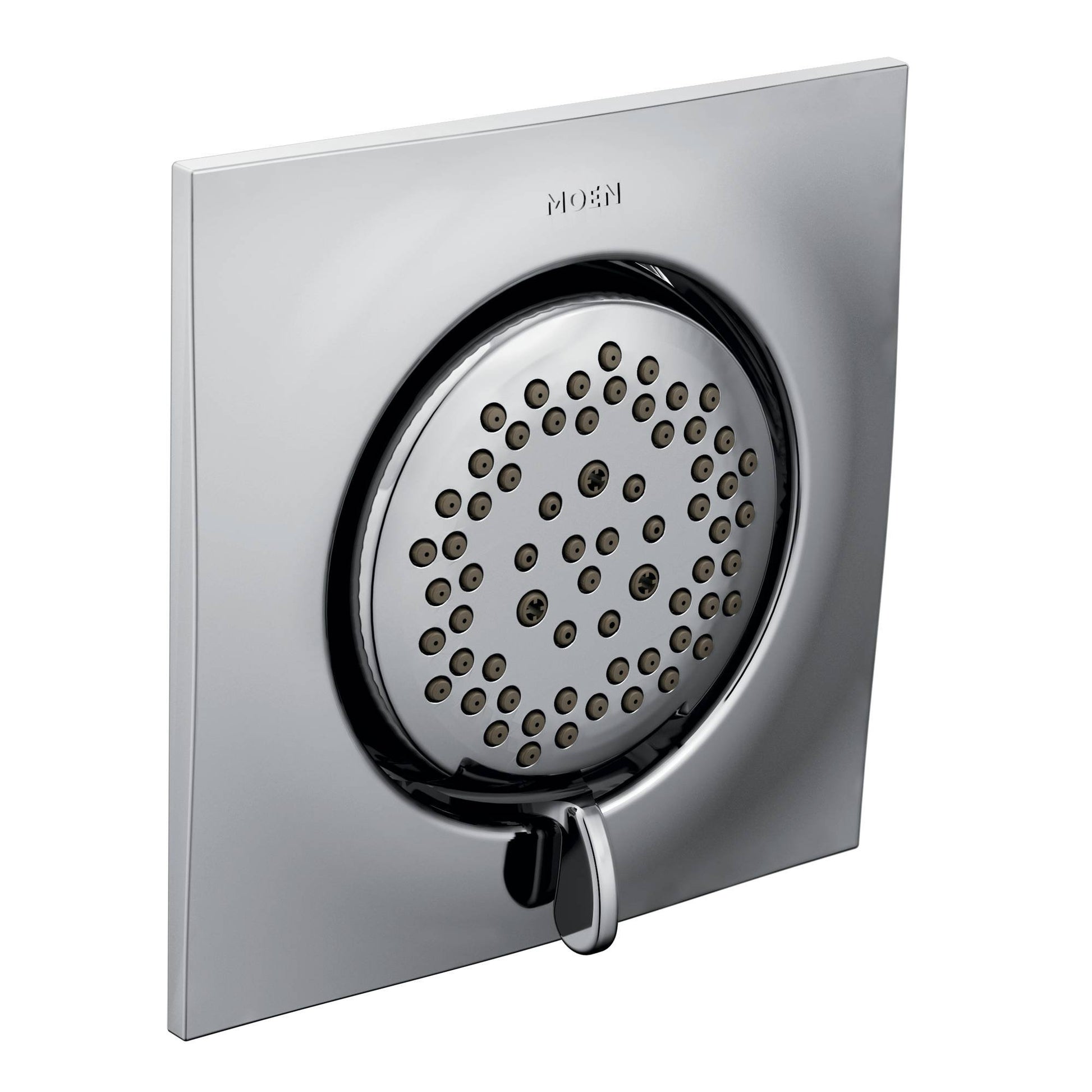 Chrome square body spray with circular shower head and control lever mounted on flat wall plate.