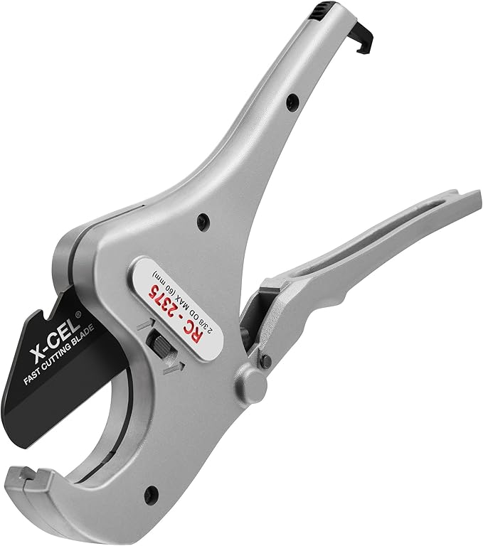 Silver aluminum pipe cutter with black cutting blade and ratchet action lever on white background.