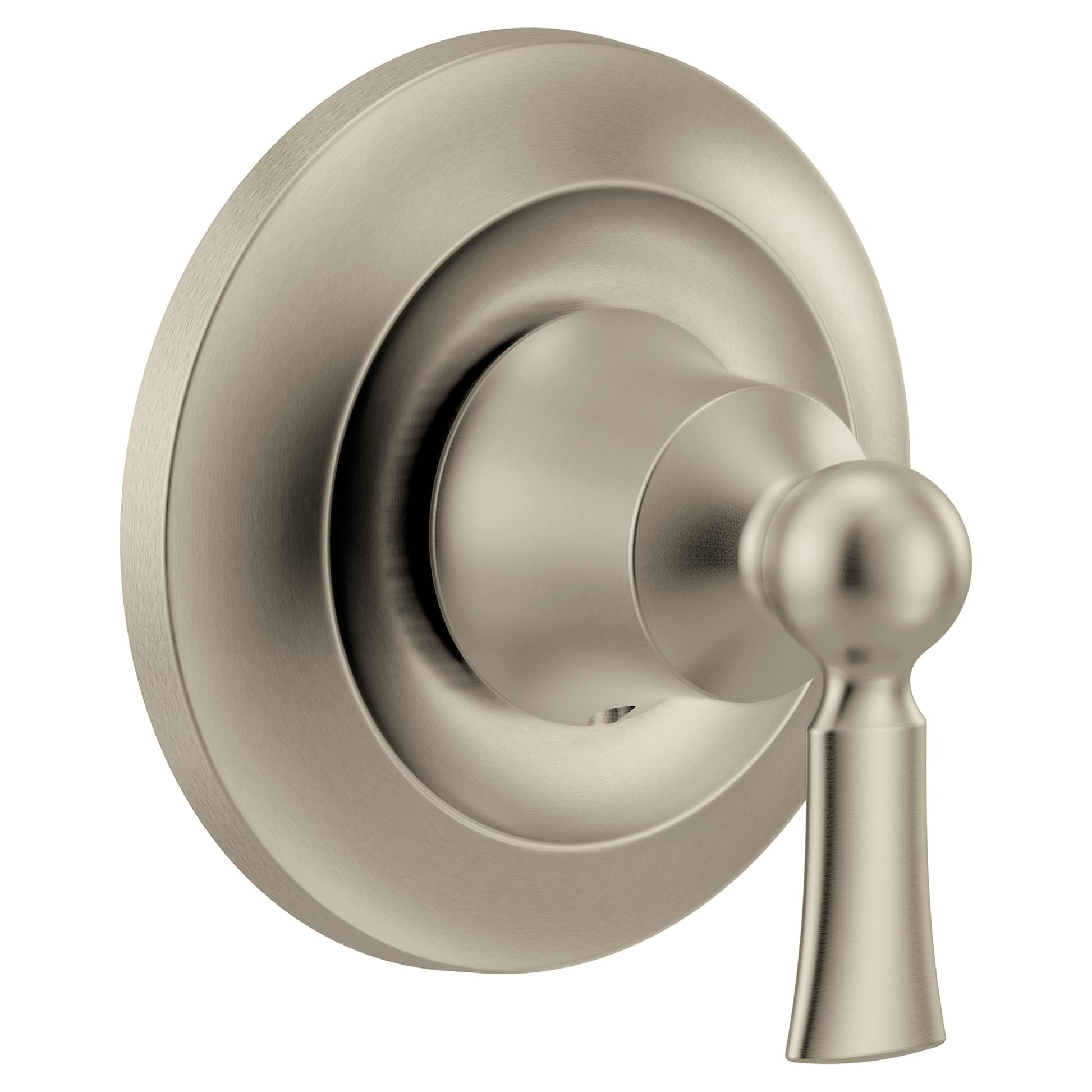 Brushed nickel single-handle transfer valve trim with round escutcheon plate and lever handle.