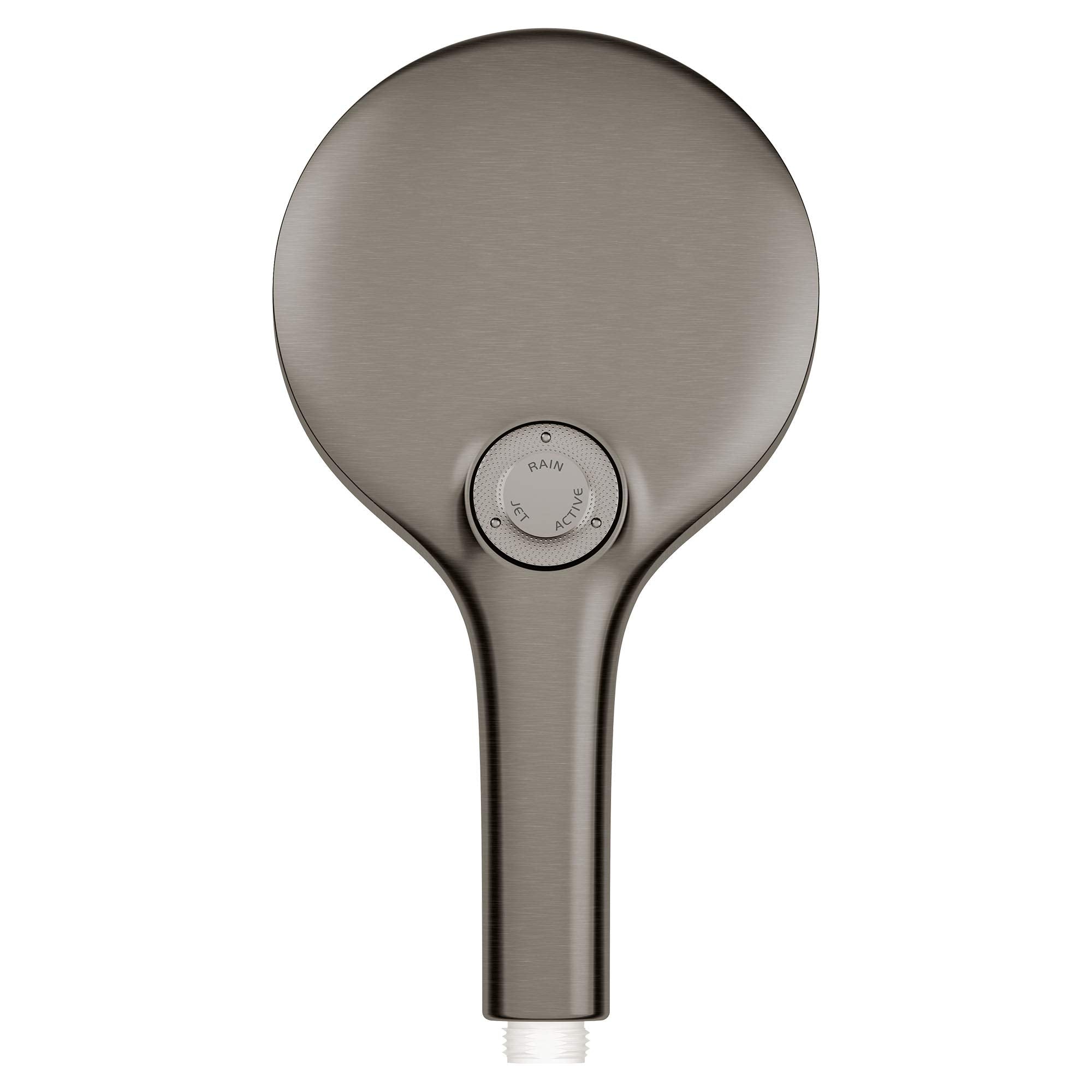 Hard graphite hand shower with round head, rotary selector dial, and narrow handle.