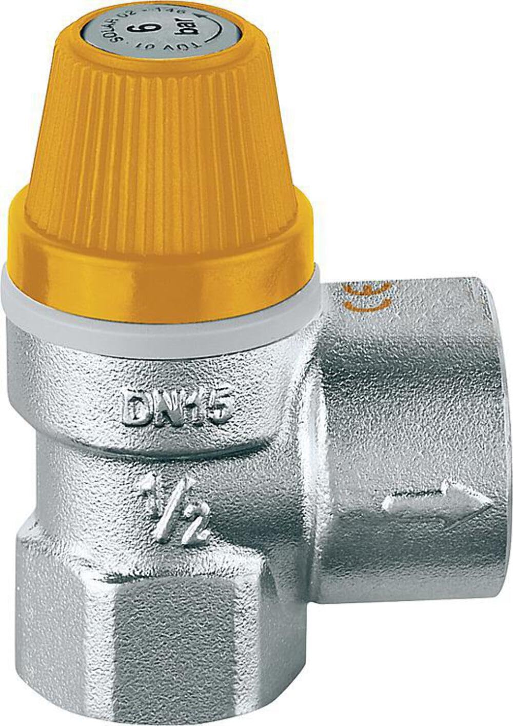 Silver brass safety relief valve with yellow cap, marked DN15 and 1/2 inch connection ports.