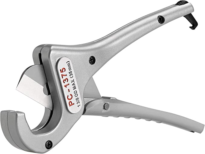 Silver and black plastic pipe cutter with trigger handle and fixed cutting blade, labeled PC-1315.