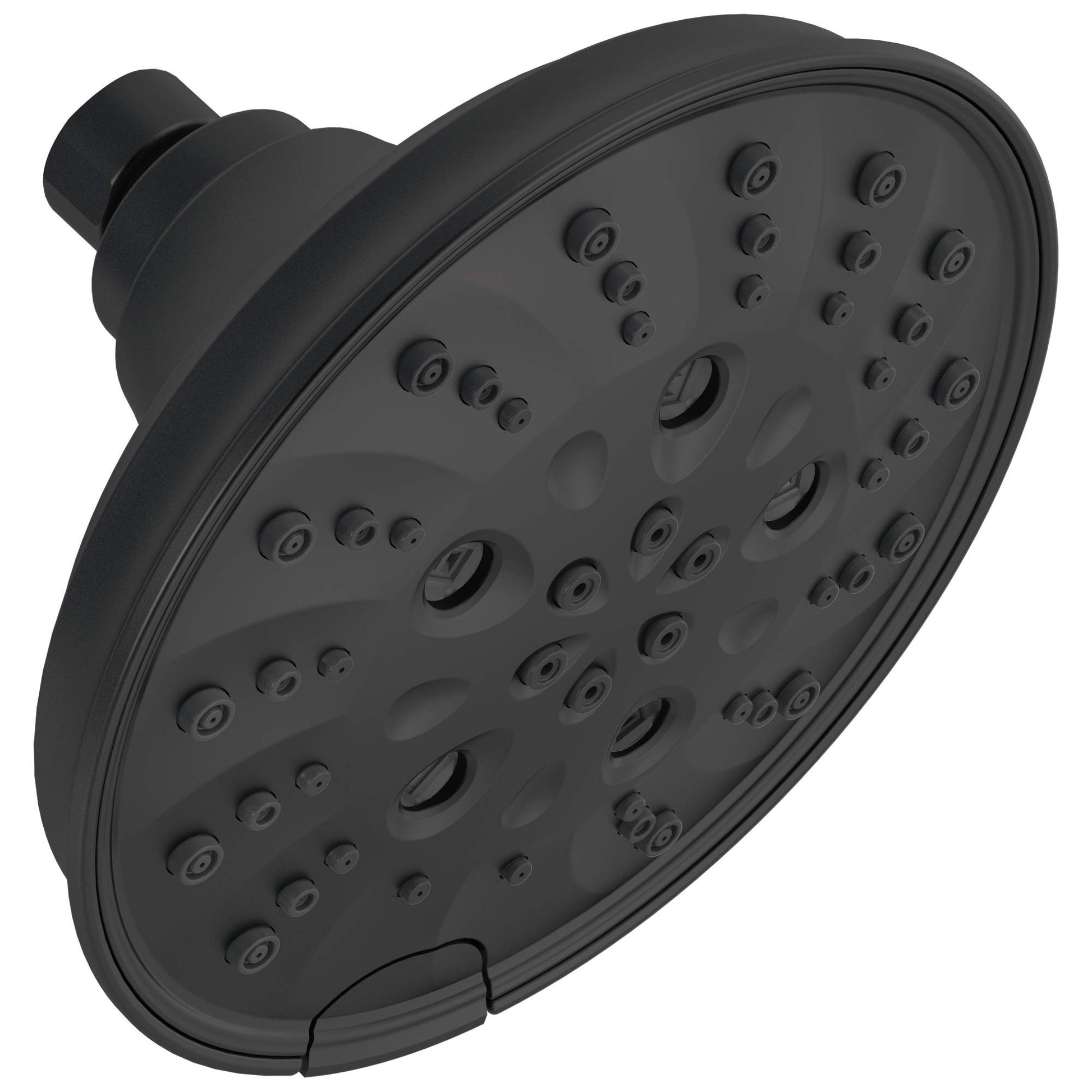 Black round raincan shower head with multiple spray nozzles and mounting arm.