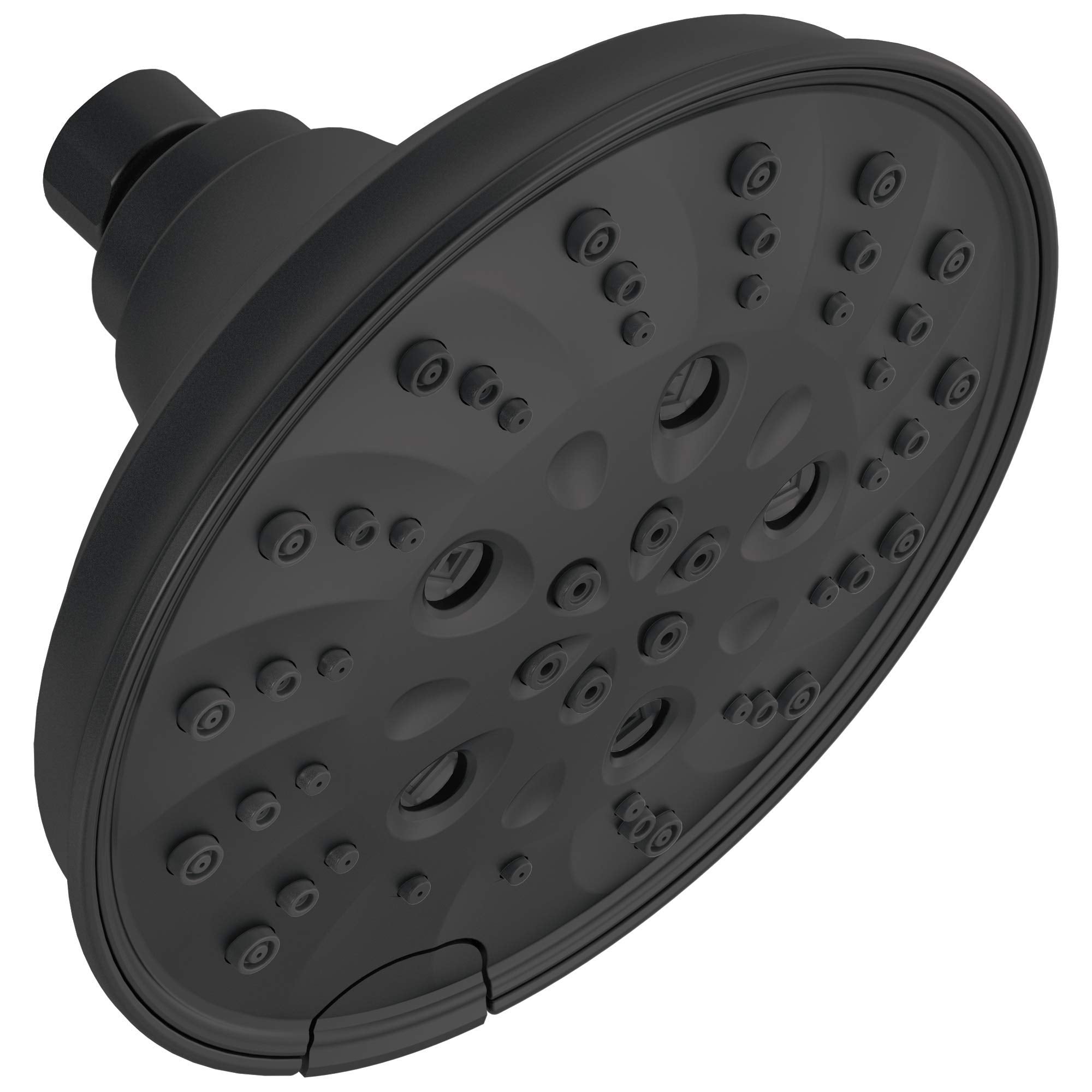 Black round raincan shower head with multiple spray nozzles and mounting arm.