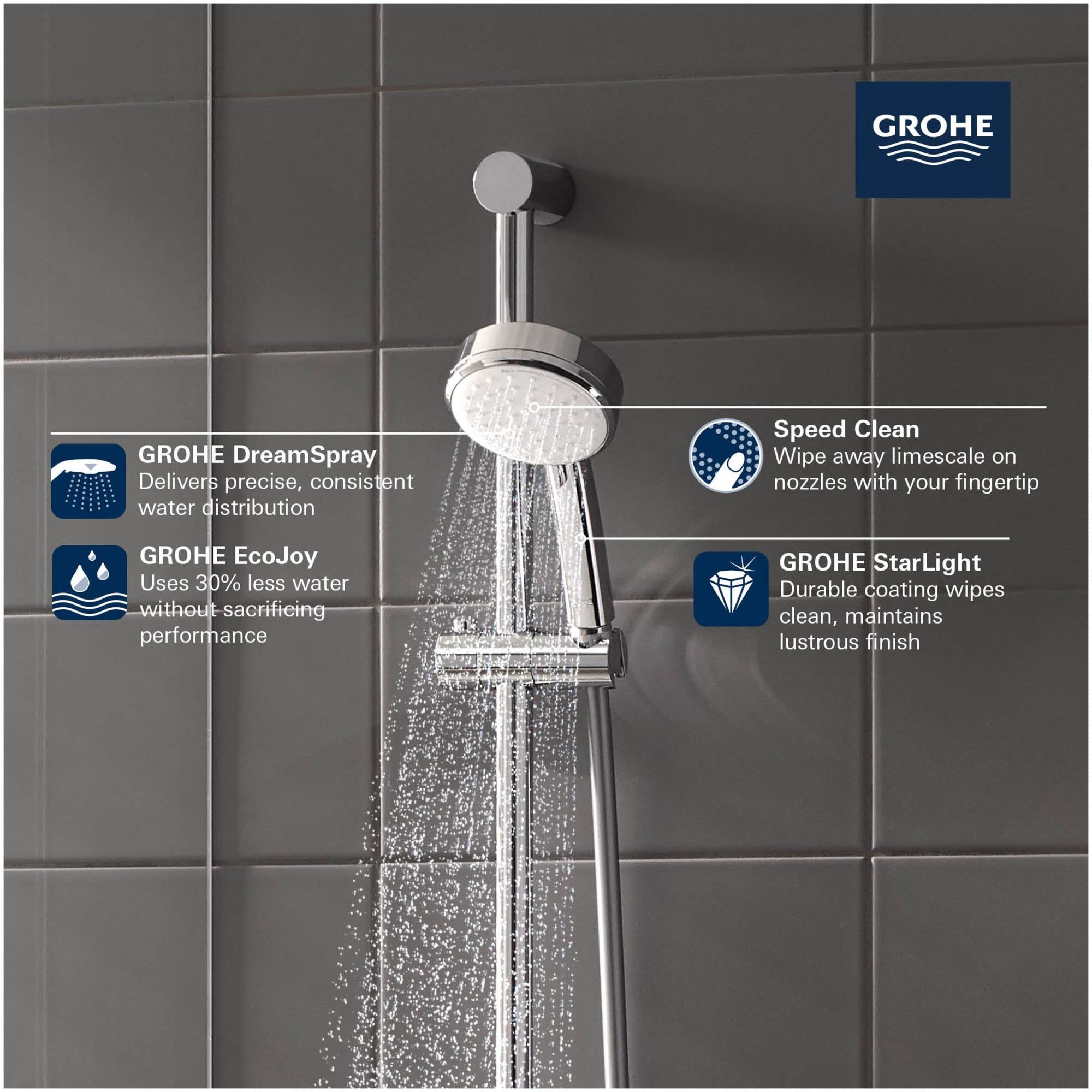 Chrome hand shower with circular head mounted on wall bracket, dispensing water in two spray patterns against tiled bathroom 