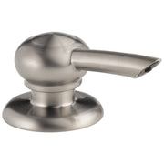 Stainless steel soap and lotion dispenser with spherical pump head and circular base.