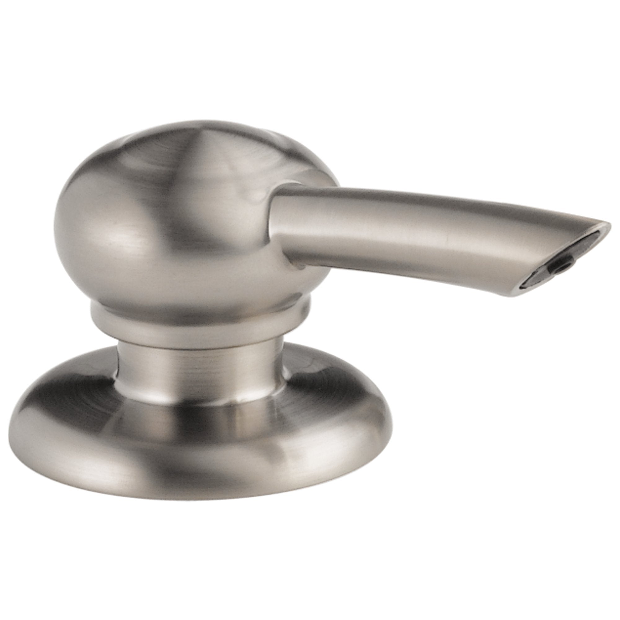 Stainless steel soap and lotion dispenser with spherical pump head and circular base.