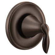 Oil rubbed bronze single-handle transfer valve trim with round escutcheon plate and lever handle.
