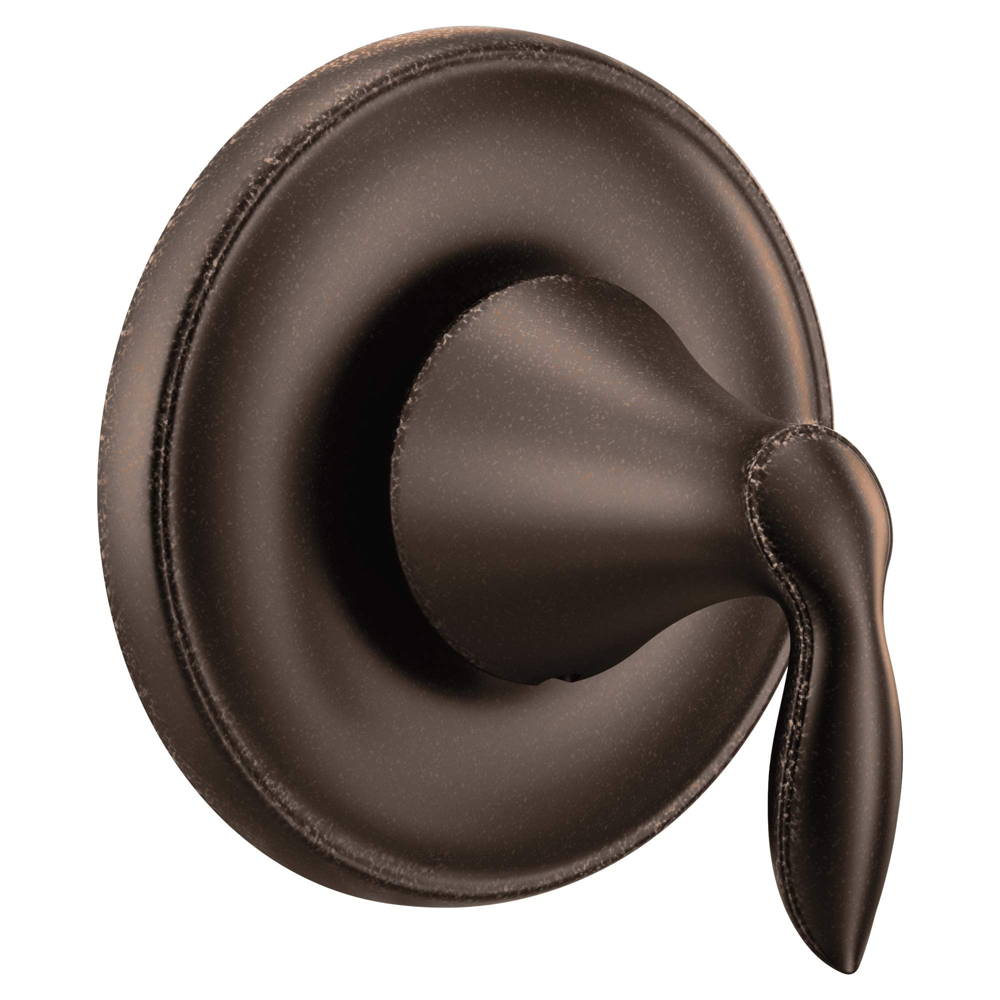 Oil rubbed bronze single-handle transfer valve trim with round escutcheon plate and lever handle.