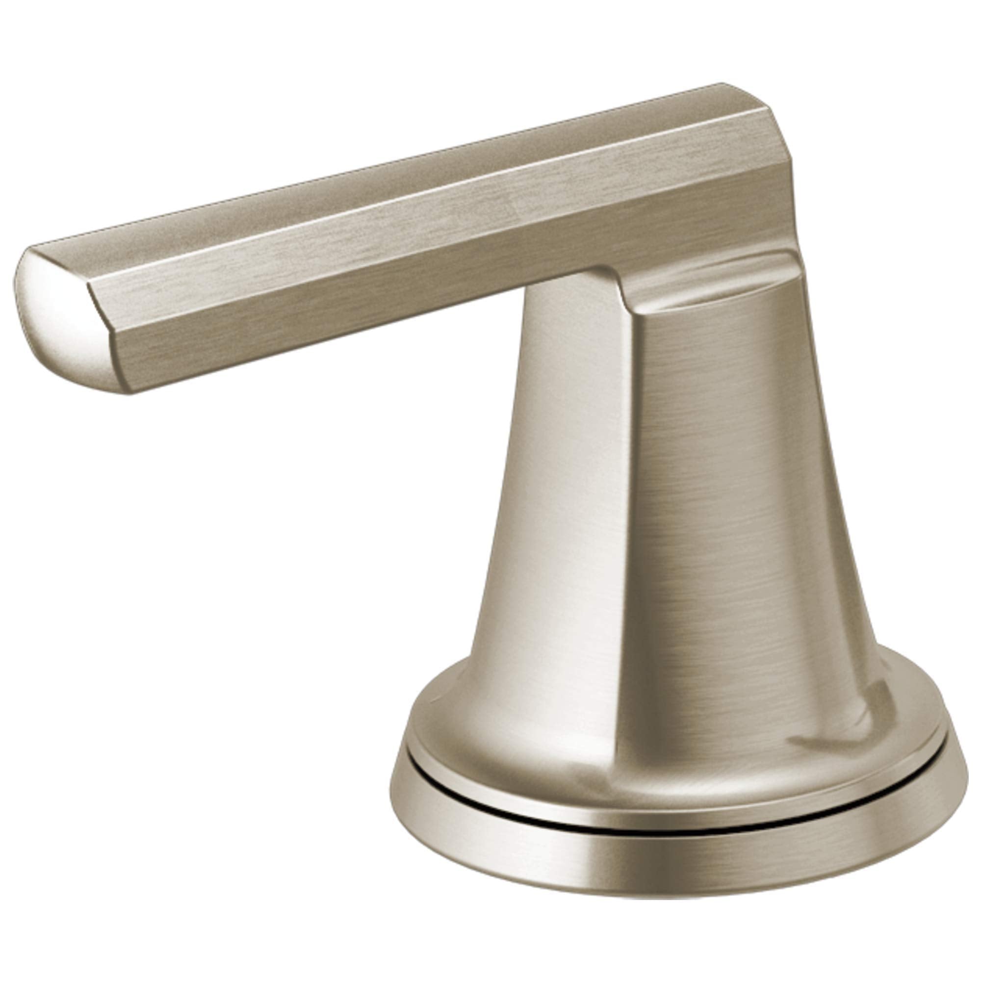 Brushed nickel lever handle for roman tub faucet with conical base and horizontal spout.