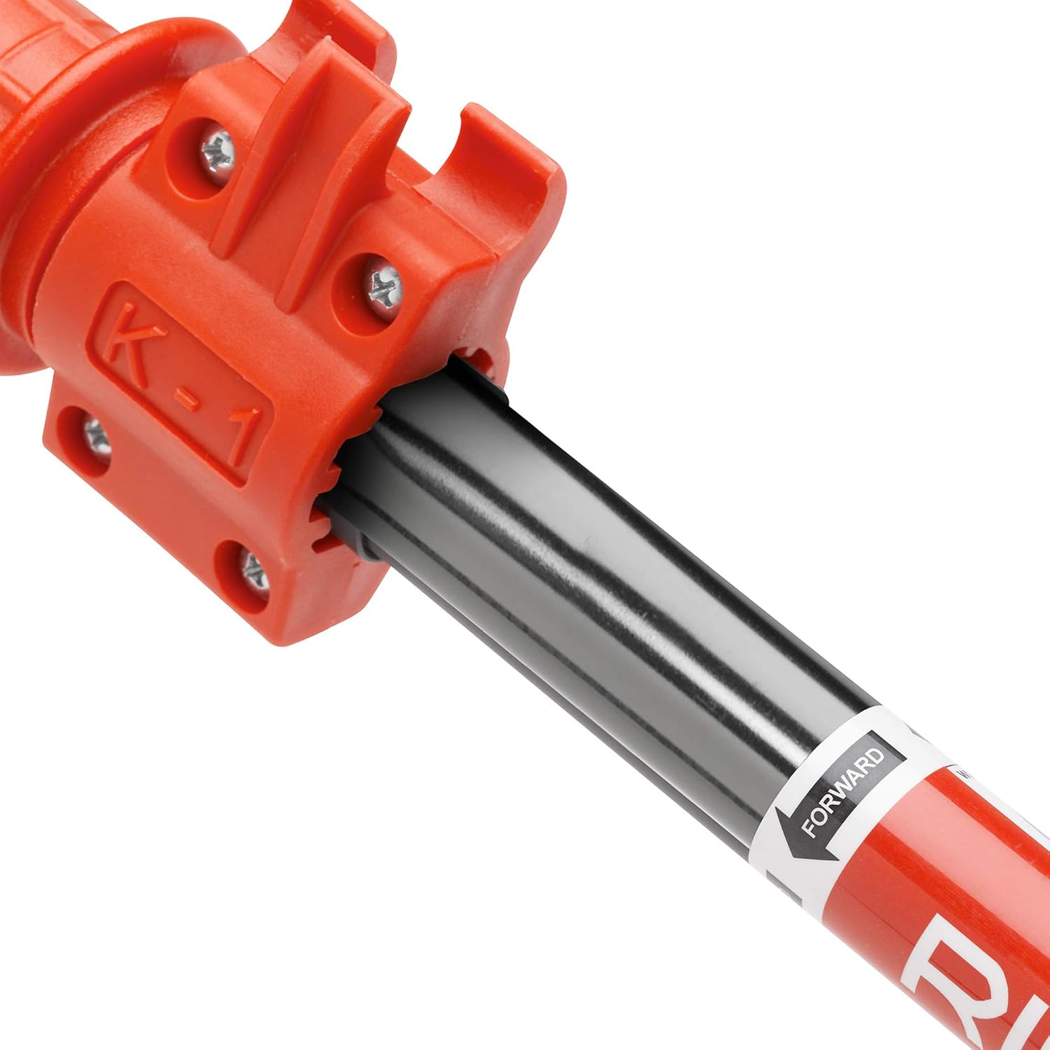 Red and black drain auger with C-style cutter head, telescoping metal shaft, and grip handle.