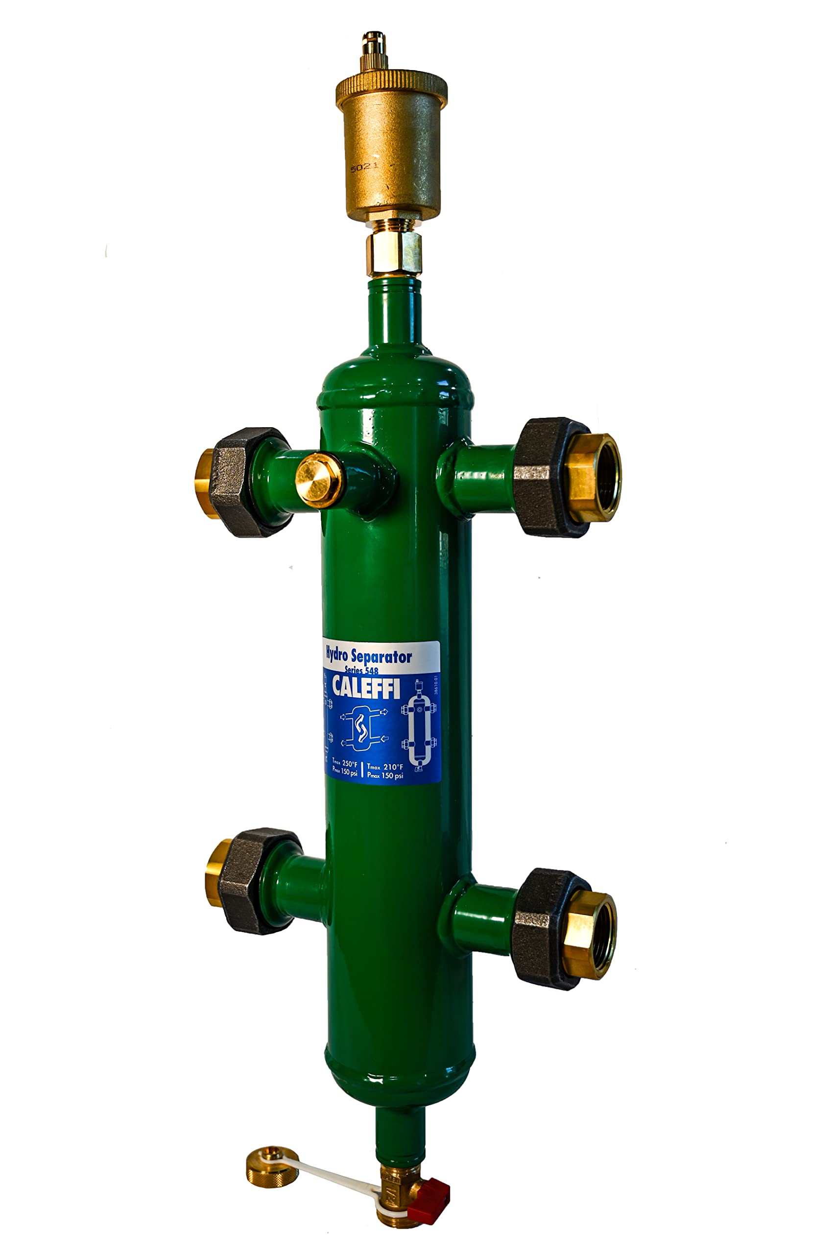 Brass hydroseparator with green cylindrical body, four black union connectors with brass fittings, air vent on top, and drain