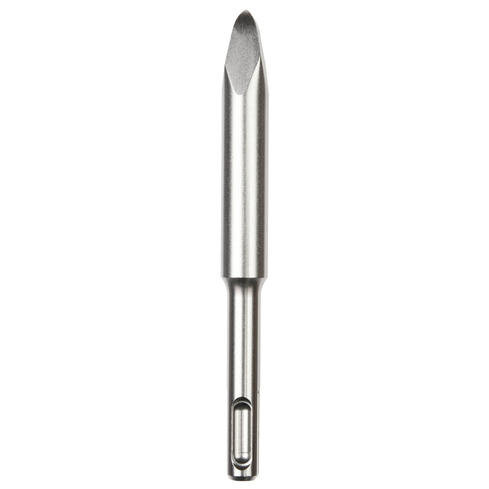 Steel SDS-Plus bull point chisel with tapered shaft and pointed tip for concrete and masonry work.