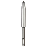 Steel SDS-Plus bull point chisel with tapered shaft and pointed tip for concrete and masonry work.