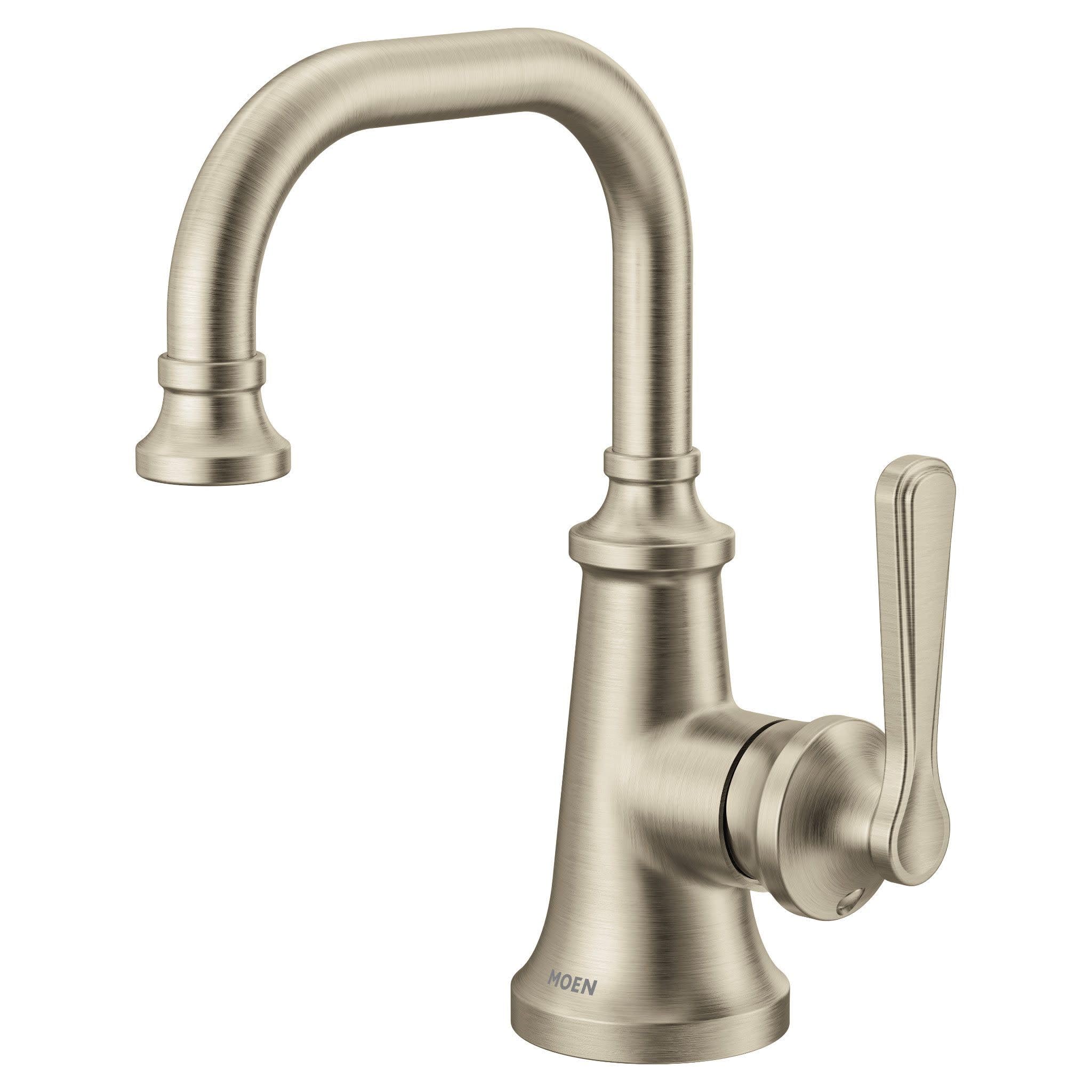Brushed nickel single-handle bathroom faucet with curved spout and lever handle.