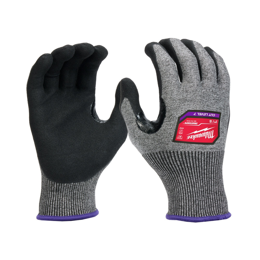 Gray knit gloves with black nitrile-dipped palms and purple cuff, shown front and back view.